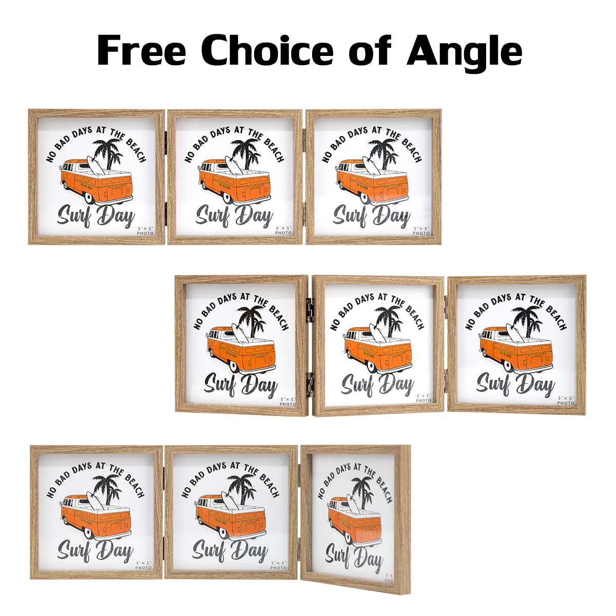 3 Picture Frame 5x5 Triple Hinged MDF Wood Grain with Glass Front Three Opening Photo Frame Stand Vertical on Tabletop